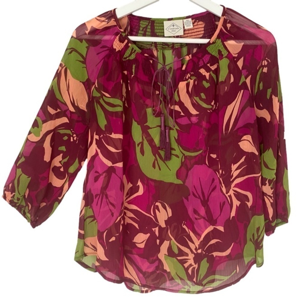 ST JOHN'S BAY Peasant Top Sheer Floral 3/4 Sleeve Jewel Tones Women Size PM